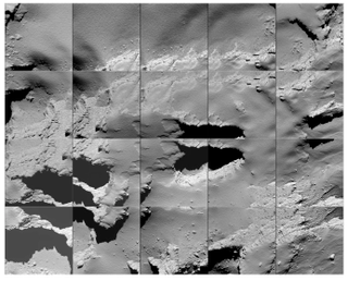 The Rosetta spacecraft’s landing site, Ma’at, is stitched together here from a series of images. It was aiming for a a spot between the pits seen on the left and right.